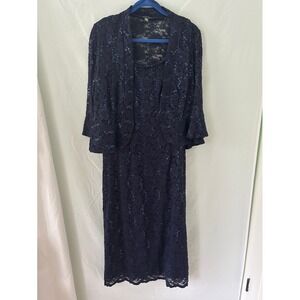R&M Richards Navy Blue Sequin Lace 2-Piece Dress and Jacket Set Size 12 Formal